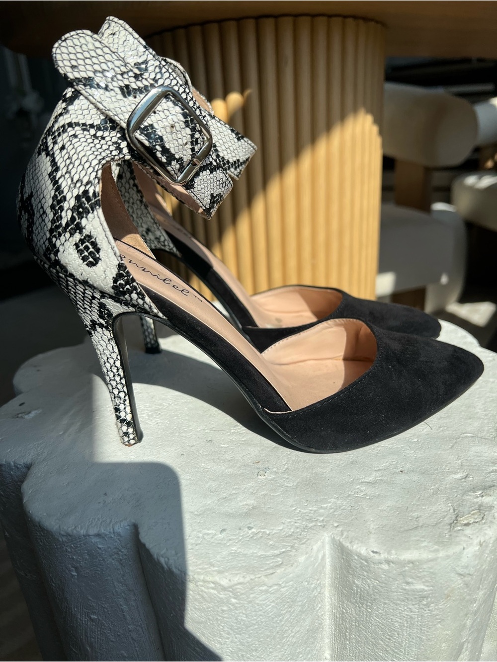 DSW Black Suede Pointed-Toe Heels with Snake-Print Ankle Strap